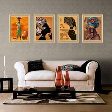 Beautiful African American Ethnic Ancient Black Woman Wall Art Paintings Set of 4
