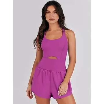 ANRABESS Women Rompers Running Exercise Workout Set One Piece Jumpsuits Gym Yoga Outfits 2025 Summer Active Wear Clothes Purple Pink Medium