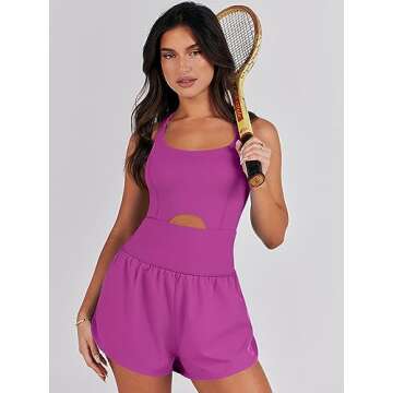 ANRABESS Women Rompers Running Exercise Workout Set One Piece Jumpsuits Gym Yoga Outfits 2025 Summer Active Wear Clothes Purple Pink Medium