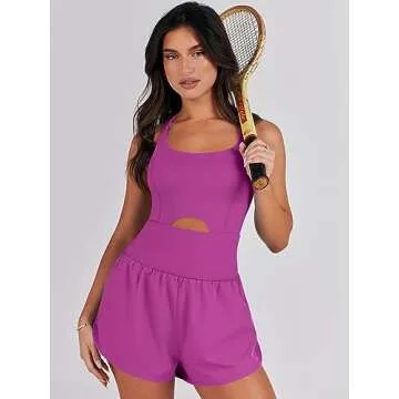 ANRABESS Women Rompers Running Exercise Workout Set One Piece Jumpsuits Gym Yoga Outfits 2025 Summer Active Wear Clothes Purple Pink Medium
