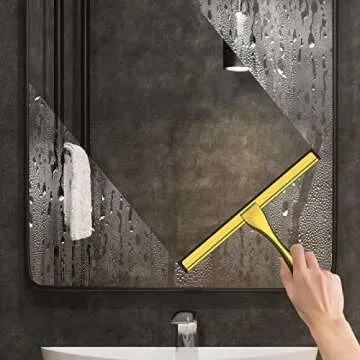 All-Purpose Stainless Steel Shower Squeegee for Shower Doors with 2 Adhesive Hooks, Bathroom Cleaner Tool Household Window Mirror Squeegee for Home Cleaning, Glass Door, Tile Wall, Car, 10 Inch Golden