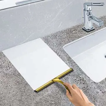 All-Purpose Stainless Steel Shower Squeegee for Shower Doors with 2 Adhesive Hooks, Bathroom Cleaner Tool Household Window Mirror Squeegee for Home Cleaning, Glass Door, Tile Wall, Car, 10 Inch Golden