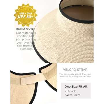 FURTALK Sun Visor Hats for Women Wide Brim Straw Ponytail Summer Beach Hat UV UPF Packable Foldable Travel
