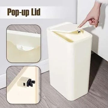 TrashAid Bathroom Trash Can with Lid, 2.6 Gallon / 10 Liter Small Garbage Can with Press Top Lid, Plastic Wastebasket with Pop-up Lid for Toilet, Office, Bedroom, Living Room, White