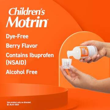 Motrin Children's Oral Suspension 100mg Ibuprofen Medicine, NSAID Fever Reducer & Pain Reliever for Minor Aches & Pains Due to Cold & Flu, Dye Free, Alcohol-Free, Berry Flavored, 8 fl. oz