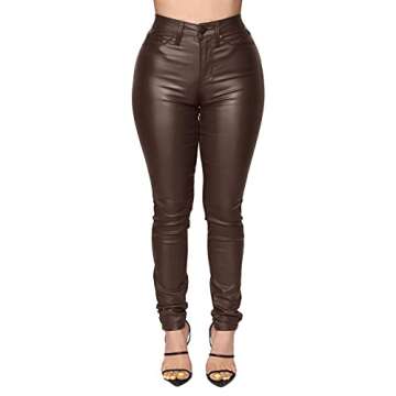WAYRUNZ Womens High Waisted Stretch Faux Leather Pants PU Coated Legging Juniors (020-dark Coffe 9)