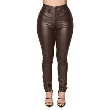 WAYRUNZ Womens High Waisted Stretch Faux Leather Pants PU Coated Legging Juniors (020-dark Coffe 9)