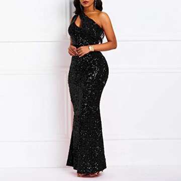 VERWIN Sequins Fashion Sleeveless Oblique Collar Mermaid Women's Maxi Dress Bodycon Dress Party Dress XL Black