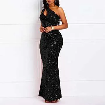 VERWIN Sequins Fashion Sleeveless Oblique Collar Mermaid Women's Maxi Dress Bodycon Dress Party Dress XL Black