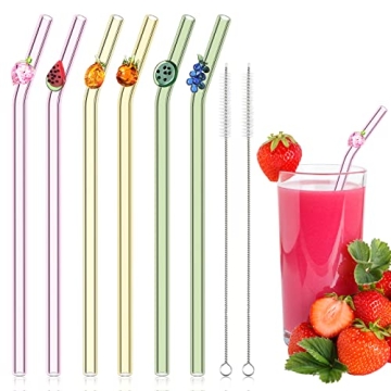 Colorful 6-Pack Fruit Glass Straws with Cleaning Brushes - Eco-Friendly & Fun