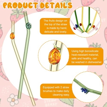 6-Pack Fruit Glass Straws Eco-Friendly Reusable with Brushes