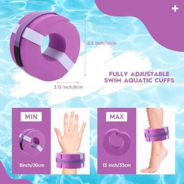 RoundFunny 2 Pcs Foam Swim Aquatic Cuffs Equipment Water Aerobics Float Ring with Detachable Hook and Loop Fastener Fitness Workout Set for Swimming Fitness Training Pool Exercise (Purple)