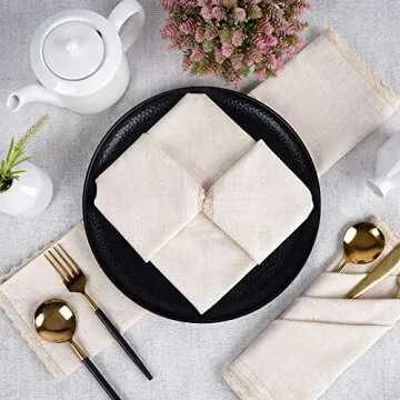 Fingercraft Dinner Cloth Napkin Cotton Linen 12 Pack Vintage Rustic Premium Quality Mitered Corners Napkin Cloth with Elegant Lace for Everyday Use, Pre Shrunk and Good Absorbency 20x20 in Ivory