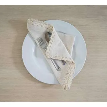 Fingercraft Dinner Cloth Napkin Cotton Linen 12 Pack Vintage Rustic Premium Quality Mitered Corners Napkin Cloth with Elegant Lace for Everyday Use, Pre Shrunk and Good Absorbency 20x20 in Ivory