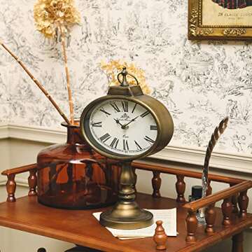 NIKKY HOME Antique Mantel Clock, Gold Retro Desk Clock Silent-Non-Ticking Battery Operated Decorative Desk Table Clock for Home, Office, Living Room, Bed Room