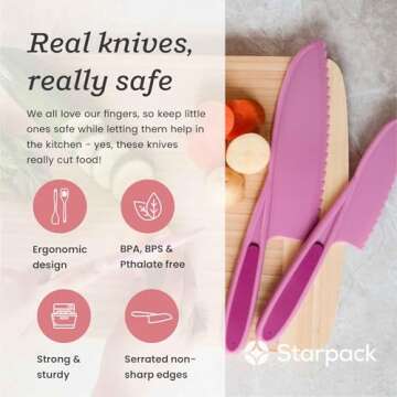 Starpack 'Finger Loving' Kid Safe Kitchen Knife Set of 3 - Kids Knife Set for Real Cooking - Serrate...