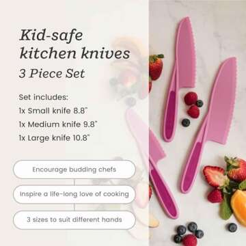 Starpack 'Finger Loving' Kid Safe Kitchen Knife Set of 3 - Kids Knife Set for Real Cooking - Serrated Edges Toddler Knife Set for 3+ Year Olds - Montessori Knife Set - BPA-Free Nylon Knives for Kids
