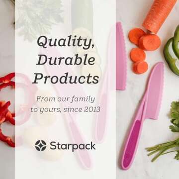 Starpack 'Finger Loving' Kid Safe Kitchen Knife Set of 3 - Kids Knife Set for Real Cooking - Serrated Edges Toddler Knife Set for 3+ Year Olds - Montessori Knife Set - BPA-Free Nylon Knives for Kids