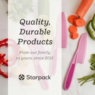 Starpack 'Finger Loving' Kid Safe Kitchen Knife Set of 3 - Kids Knife Set for Real Cooking - Serrated Edges Toddler Knife Set for 3+ Year Olds - Montessori Knife Set - BPA-Free Nylon Knives for Kids