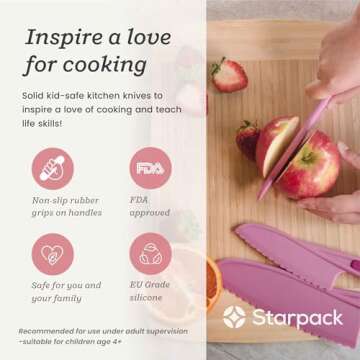 Starpack 'Finger Loving' Kid Safe Kitchen Knife Set of 3 - Kids Knife Set for Real Cooking - Serrated Edges Toddler Knife Set for 3+ Year Olds - Montessori Knife Set - BPA-Free Nylon Knives for Kids