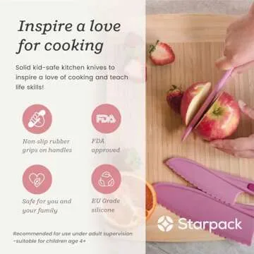 Starpack 'Finger Loving' Kid Safe Kitchen Knife Set of 3 - Kids Knife Set for Real Cooking - Serrated Edges Toddler Knife Set for 3+ Year Olds - Montessori Knife Set - BPA-Free Nylon Knives for Kids