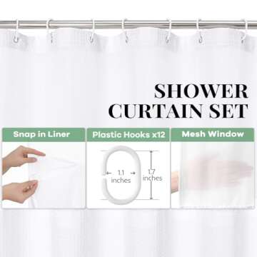 Dynamene Fabric Shower Curtain with Snap in Liner, White Waffle Hotel Shower Curtains for Bathroom, ...