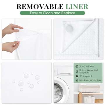 Dynamene Fabric Shower Curtain with Snap in Liner, White Waffle Hotel Shower Curtains for Bathroom, Washable Waterproof Cloth Shower Curtain Liner Set with Plastic Hooks, Mesh Top Window, 72x72