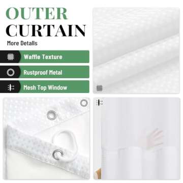 Dynamene Fabric Shower Curtain with Snap in Liner, White Waffle Hotel Shower Curtains for Bathroom, Washable Waterproof Cloth Shower Curtain Liner Set with Plastic Hooks, Mesh Top Window, 72x72