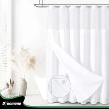 Dynamene Fabric Shower Curtain with Snap in Liner, White Waffle Hotel Shower Curtains for Bathroom, Washable Waterproof Cloth Shower Curtain Liner Set with Plastic Hooks, Mesh Top Window, 72x72