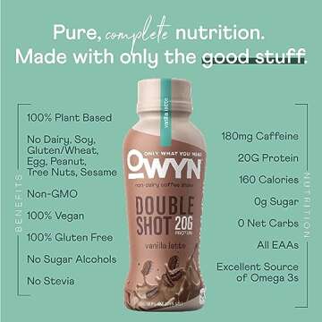 OWYN Only What You Need Double Shot Dairy Free Keto Protein Coffee Shake, Vanilla Latte, 0g Sugar, 20g Plant Based Protein, 180mg Caffeine, Gluten & Soy Free, Non-GMO, Vegan (12 Pack, 12 Fl Oz)