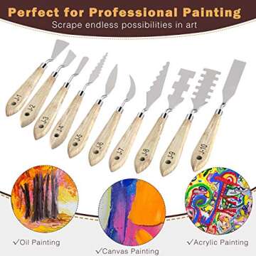 MoKo 10 Pieces Stainless Steel Palette Knife Set, Thin and Flexible Art Tools with Wooden Handle for Oil Painting, Canvas Acrylic Painting, Color Mixing & Texture, Wooden Color