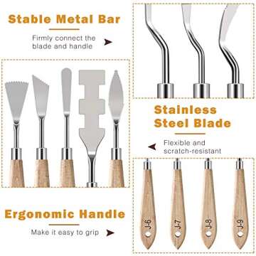 MoKo 10 Pieces Stainless Steel Palette Knife Set, Thin and Flexible Art Tools with Wooden Handle for Oil Painting, Canvas Acrylic Painting, Color Mixing & Texture, Wooden Color