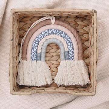 Rainbow Wall Hanging Tassels, Nordic Woven Rainbow Wall Hanging, Boho Decor Macrame Rainbow Wall Hanging for Baby Girls Kids Nursery Rooms,Modern Home Hanging,Brown Pattern Cloth（8.2x8.2 inches