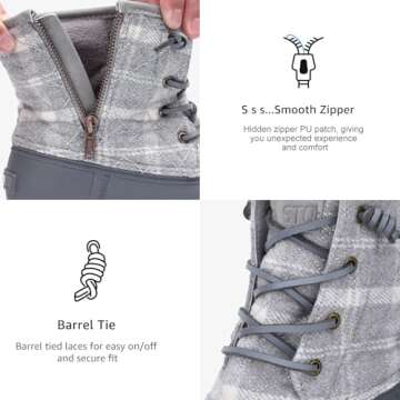 STQ Womens Duck Boots Cold Weather Insulated Snow Boots Waterproof Winter Boots Grey Plaid, 6 US