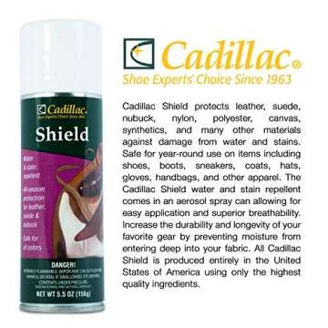 Cadillac Shield Water and Stain - Leather and Fabric Protector Spray - Great for Shoes - 5.5 oz - Waterproof and Protect Suede, Leather, Nubuck, Fabric, Nylon, Polyester & More