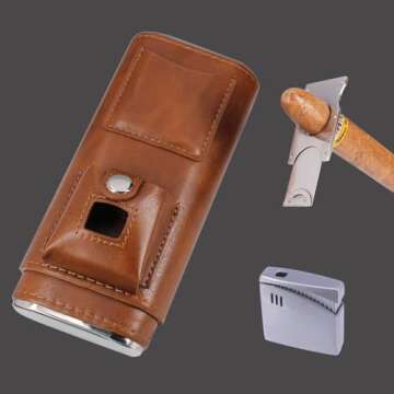 AMANCY Deluxe Portable 3 Holder Cigar Case Set With Lighter and Cutter Great Gift Kit