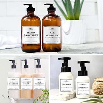 12 PCS Waterproof Soap Labels for Glass/Plastic Bottles, Farmhouse Bathroom/Kitchen Hand Soap Dispenser Label Stickers, Removable Cleaning Labels for Soap, Lotion, Shampoo and Conditioner