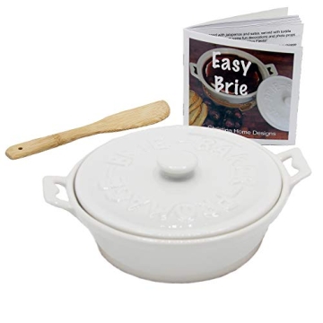 White Camembert Baker and Brie Baker with Cookbook. Brie Cooker comes with Spatula, Lid, Base and Cookbook. Brie Baking Dish is Microwave, Dishwasher and Oven Safe by Christina Home Designs.