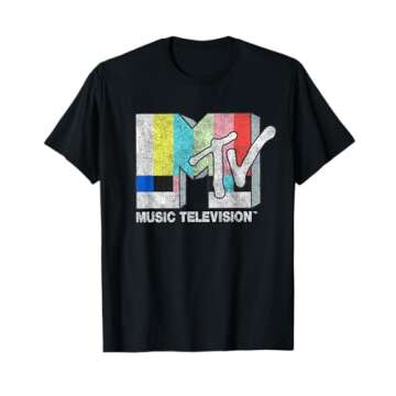 MTV Classic Fit Black T-Shirt - Vintage TV Signal Logo, 100% Cotton