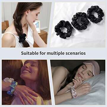 ZIMASILK 100% Mulberry Silk Hair Scrunchies, Best For Women And Girls’ Hair 19 Momme Elastic Hair Bands for Ponytail Holder Gentle And No hurt (3 Pack, Black)