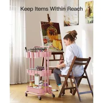 Pipishell 3-Tier Rolling Cart with Wheels, Rolling Storage Cart with 3 Hanging Cups & 4 Hooks, Mobile Utility Cart, Art Cart Organizer, Craft Cart for Office, Kitchen, Craft Room, Pink, PIUC06P