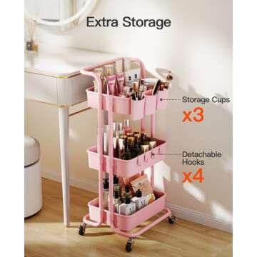 Pipishell 3-Tier Rolling Cart with Wheels, Rolling Storage Cart with 3 Hanging Cups & 4 Hooks, Mobile Utility Cart, Art Cart Organizer, Craft Cart for Office, Kitchen, Craft Room, Pink, PIUC06P