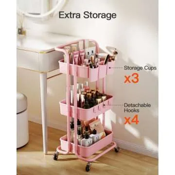 Pipishell 3-Tier Rolling Cart with Wheels, Rolling Storage Cart with 3 Hanging Cups & 4 Hooks, Mobile Utility Cart, Art Cart Organizer, Craft Cart for Office, Kitchen, Craft Room, Pink, PIUC06P