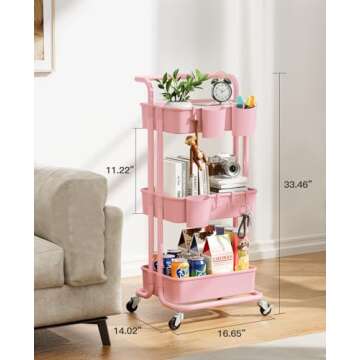Pipishell 3-Tier Rolling Cart with Wheels, Rolling Storage Cart with 3 Hanging Cups & 4 Hooks, Mobile Utility Cart, Art Cart Organizer, Craft Cart for Office, Kitchen, Craft Room, Pink, PIUC06P