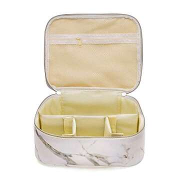 Makeup Bag Organizer Travel Marble Cosmetic Case Portable Large Toiletry Bag with Brush Holder PU Gold Zipper Pencil Storage Case for Women,White