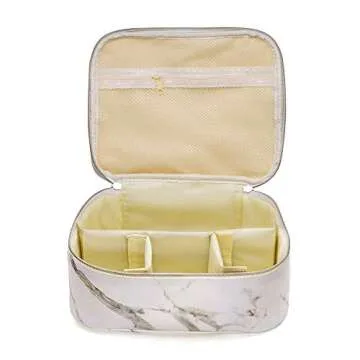 Makeup Bag Organizer Travel Marble Cosmetic Case Portable Large Toiletry Bag with Brush Holder PU Gold Zipper Pencil Storage Case for Women,White