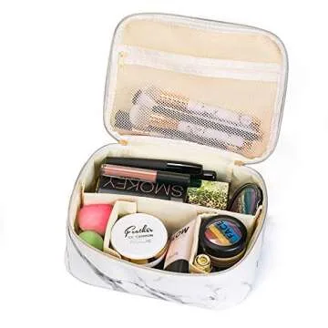Makeup Bag Organizer Travel Marble Cosmetic Case Portable Large Toiletry Bag with Brush Holder PU Gold Zipper Pencil Storage Case for Women,White
