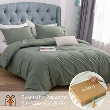 MILDLY 100% Washed Cotton Duvet Cover Queen Size, 3 Pieces Luxury Soft Sage Green Bed Set, Ultra Organic Soft Cotton Duvet Cover Set Solid Green with Zipper Closure-Queen