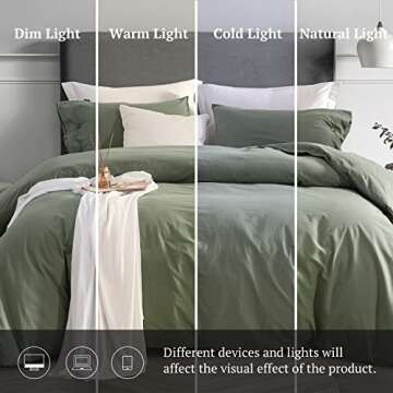 MILDLY 100% Washed Cotton Duvet Cover Queen Size, 3 Pieces Luxury Soft Sage Green Bed Set, Ultra Organic Soft Cotton Duvet Cover Set Solid Green with Zipper Closure-Queen