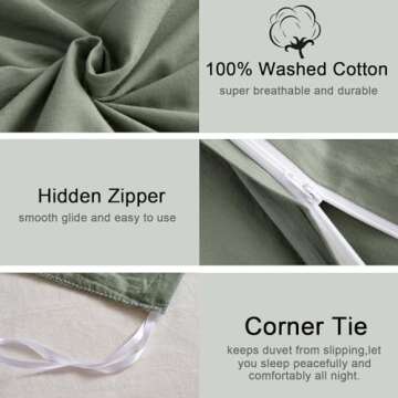 MILDLY 100% Washed Cotton Duvet Cover Queen Size, 3 Pieces Luxury Soft Sage Green Bed Set, Ultra Organic Soft Cotton Duvet Cover Set Solid Green with Zipper Closure-Queen